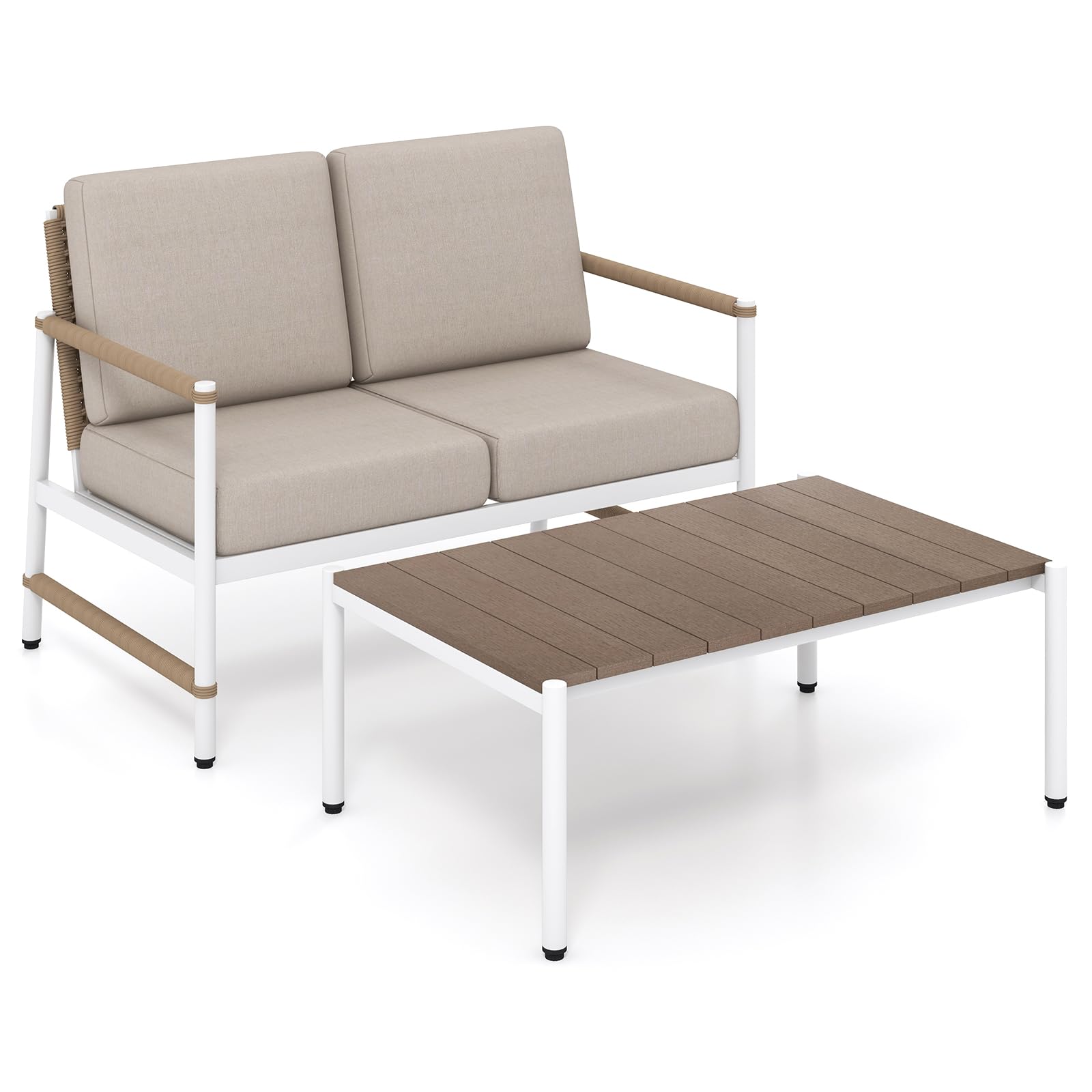 Tangkula 2 Piece Outdoor Loveseat Chair Set with Seat Back & Waist Pillows